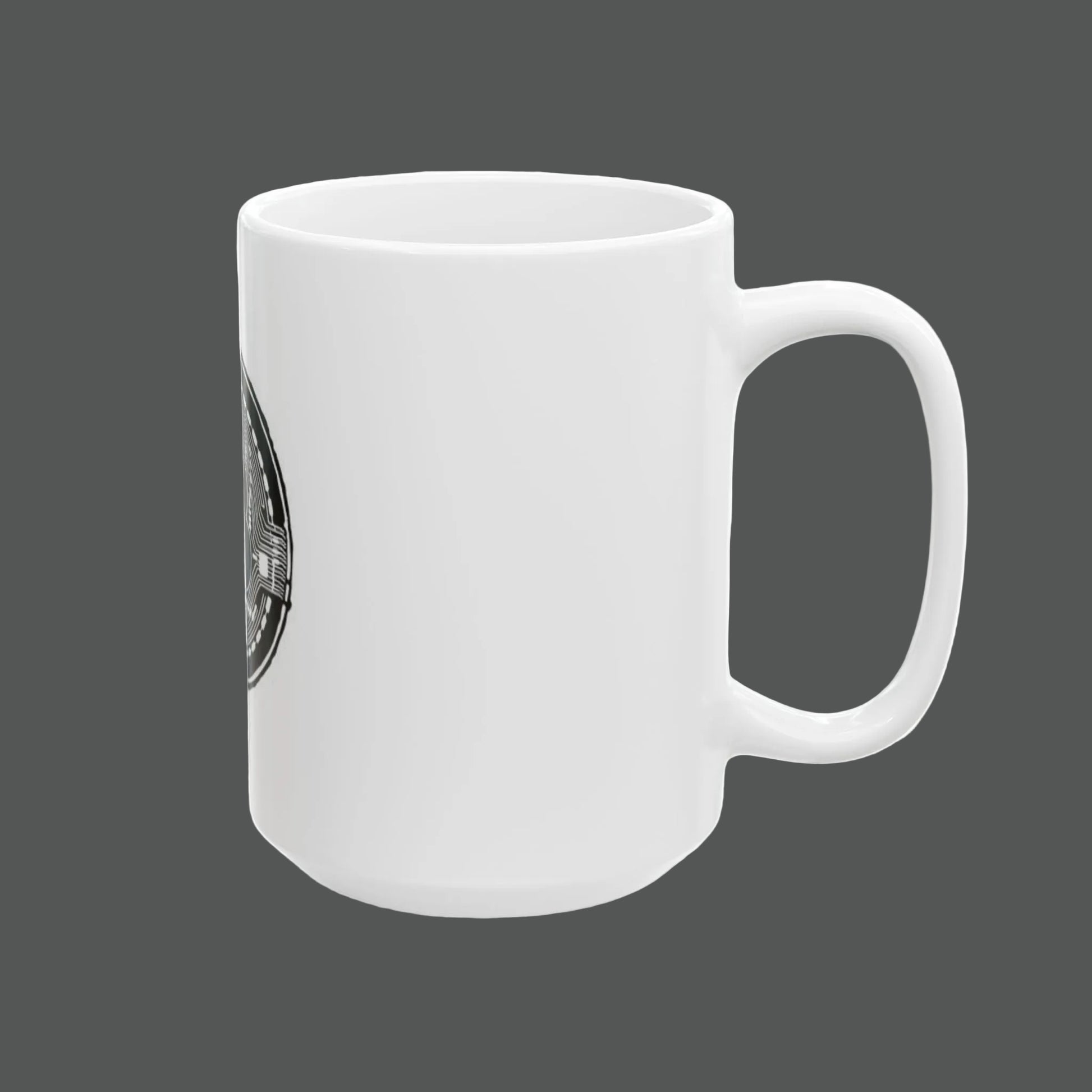 White mug with a green and red design on a white background