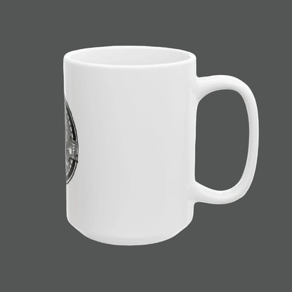 White mug with a green and red design on a white background