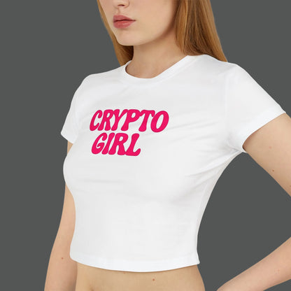 White t-shirt with 'CRYPTO GIRL' in pink text worn by a person on a white background