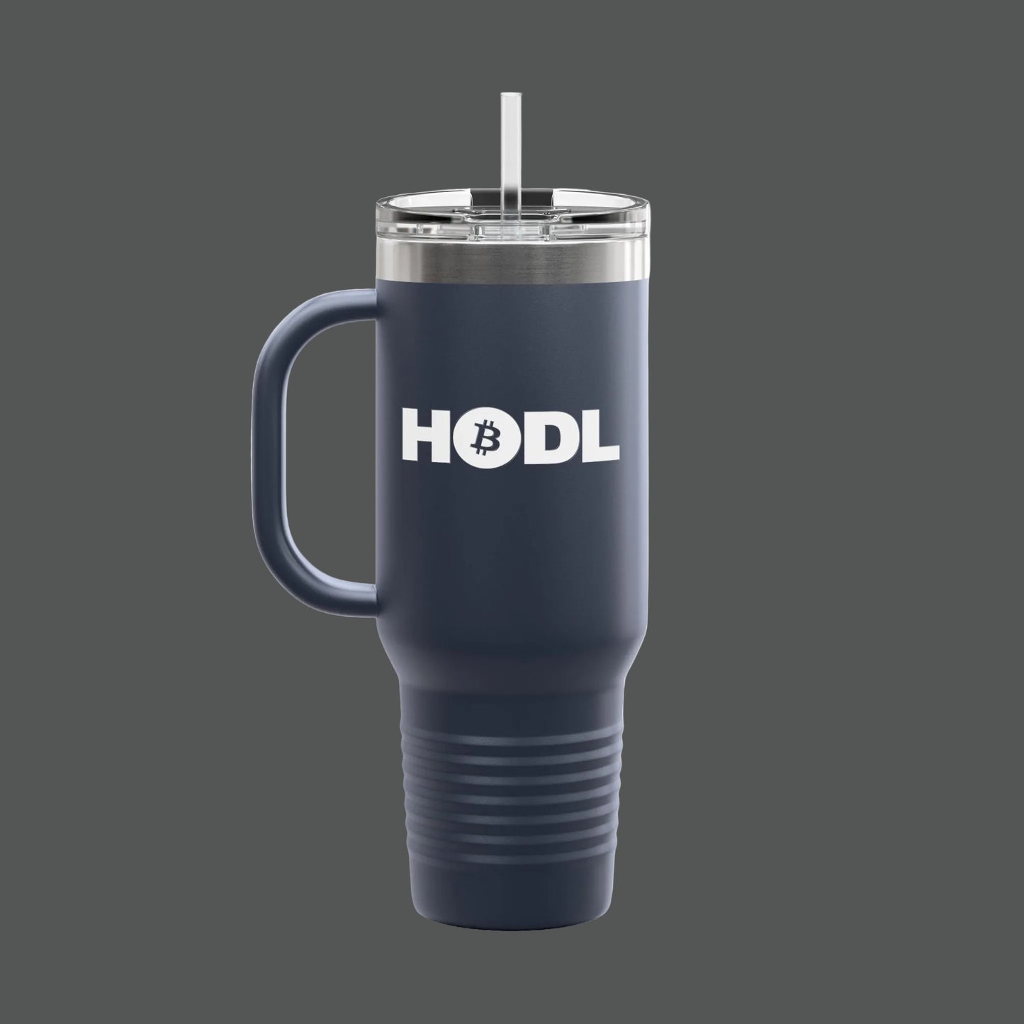 Navy blue travel mug with white text on a white background
