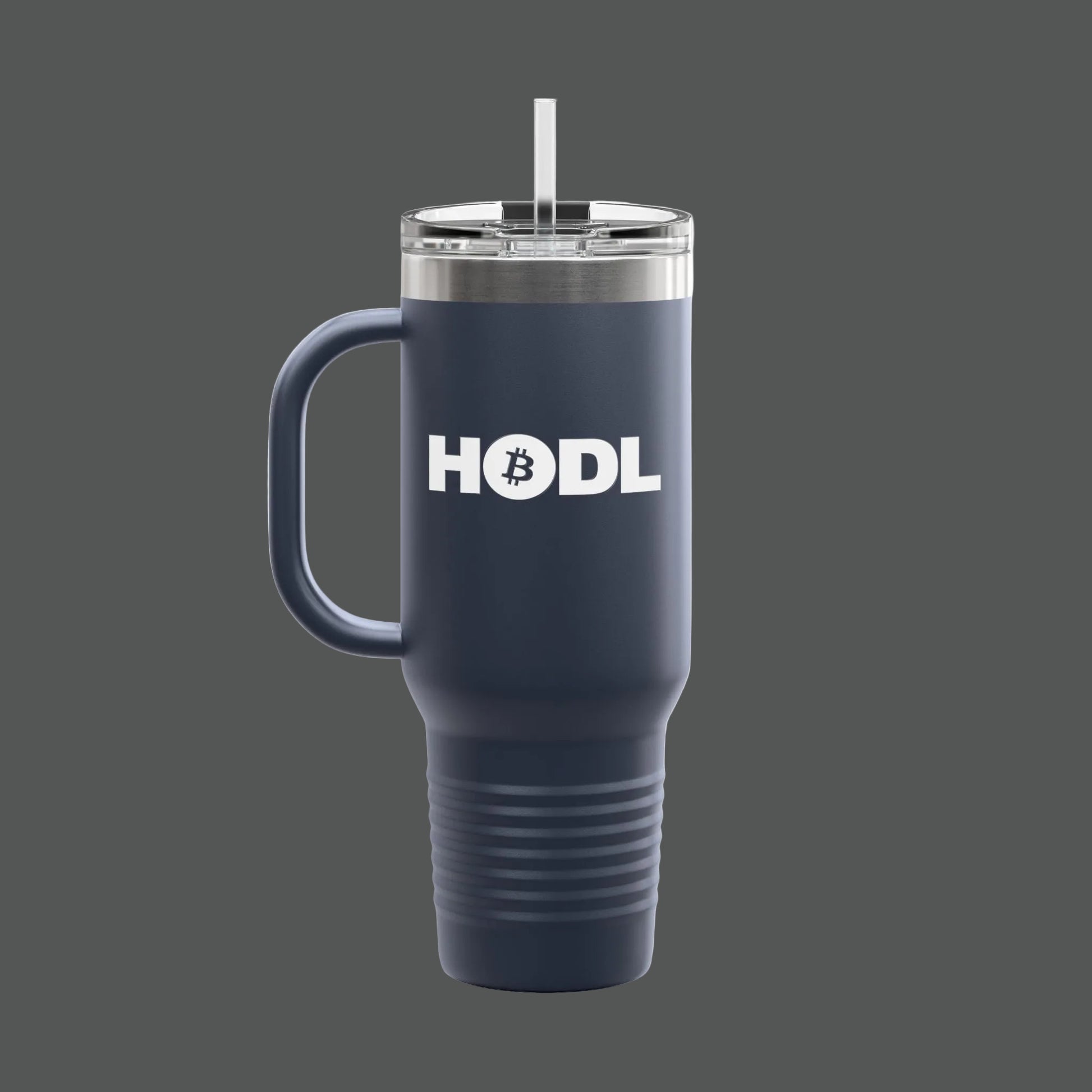 Navy blue travel mug with white text on a white background