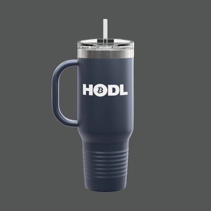 Navy blue travel mug with white text on a white background
