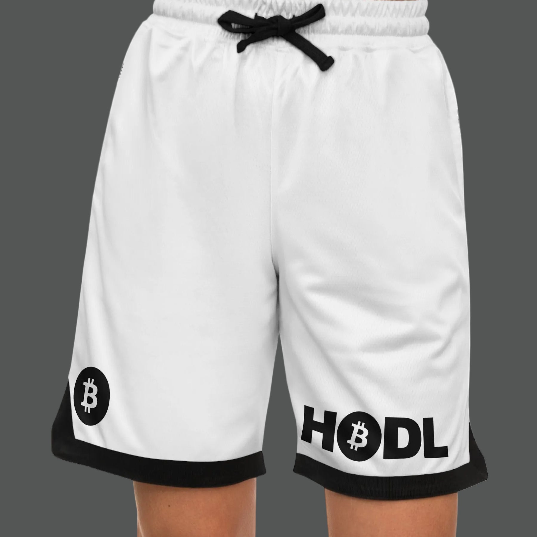 White shorts with Bitcoin logo and 'HODL' text on a white background