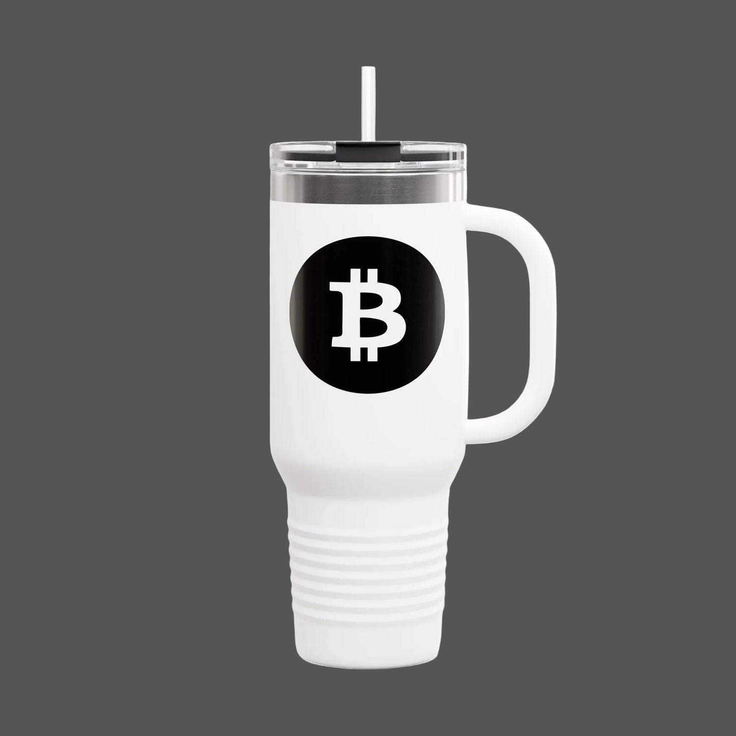 White travel mug with Bitcoin logo on a white background