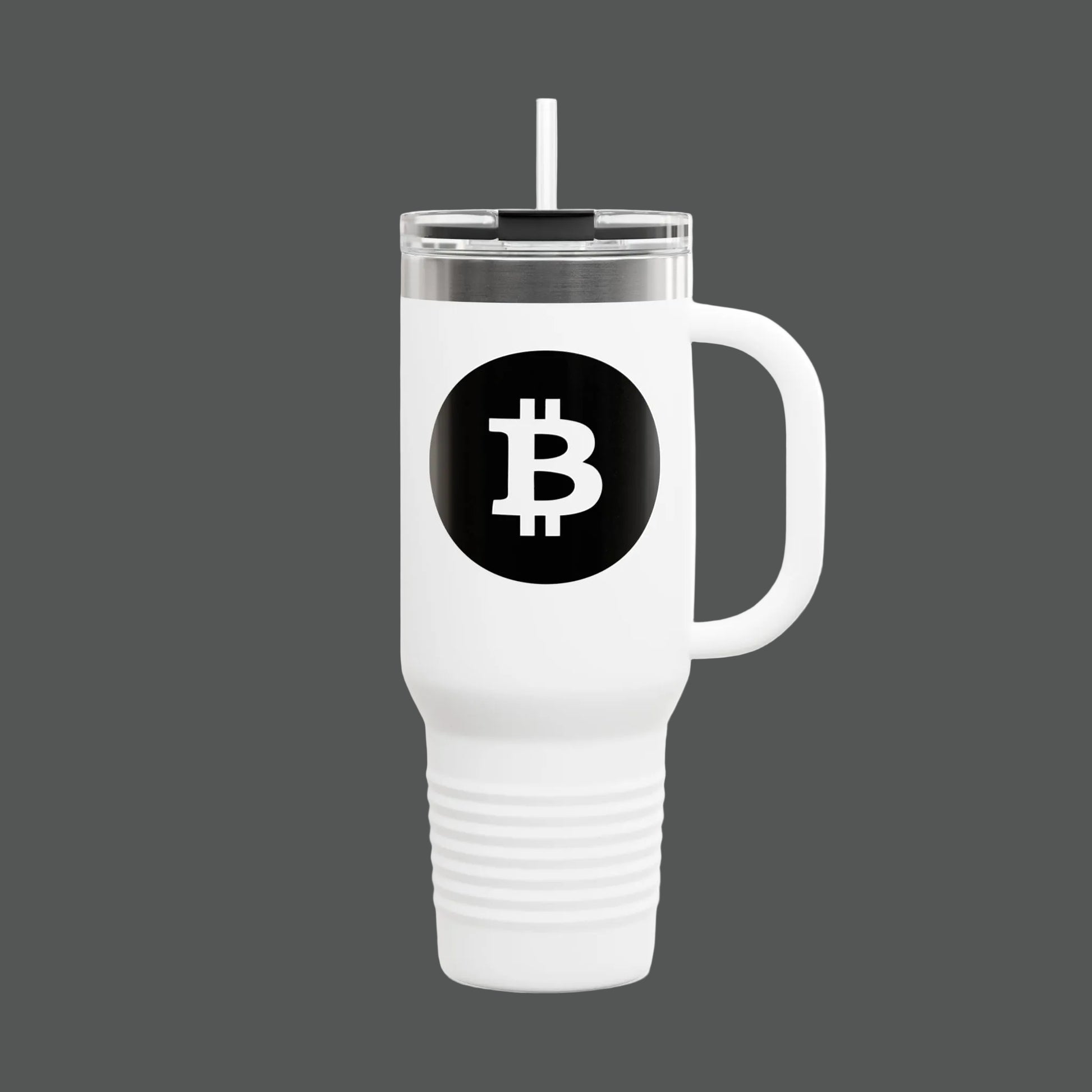 White travel mug with Bitcoin logo on a white background