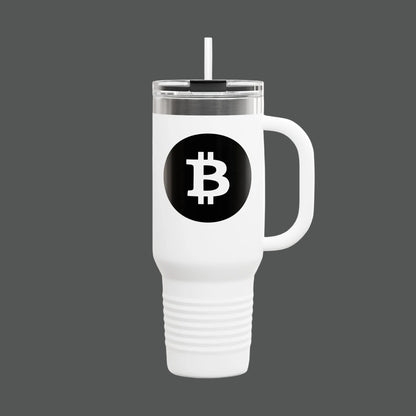 White travel mug with Bitcoin logo on a white background