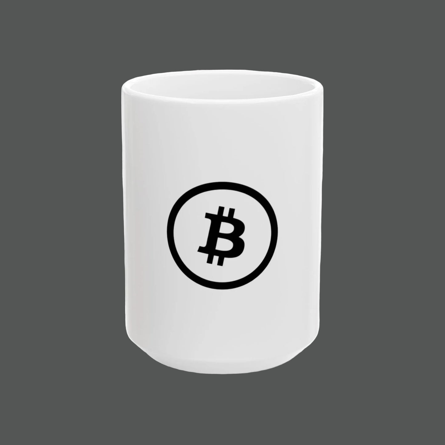 White mug with Bitcoin symbol on a white background