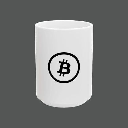 White mug with Bitcoin symbol on a white background