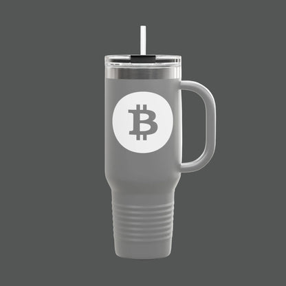 Gray travel mug with a white label featuring a black logo on a white background