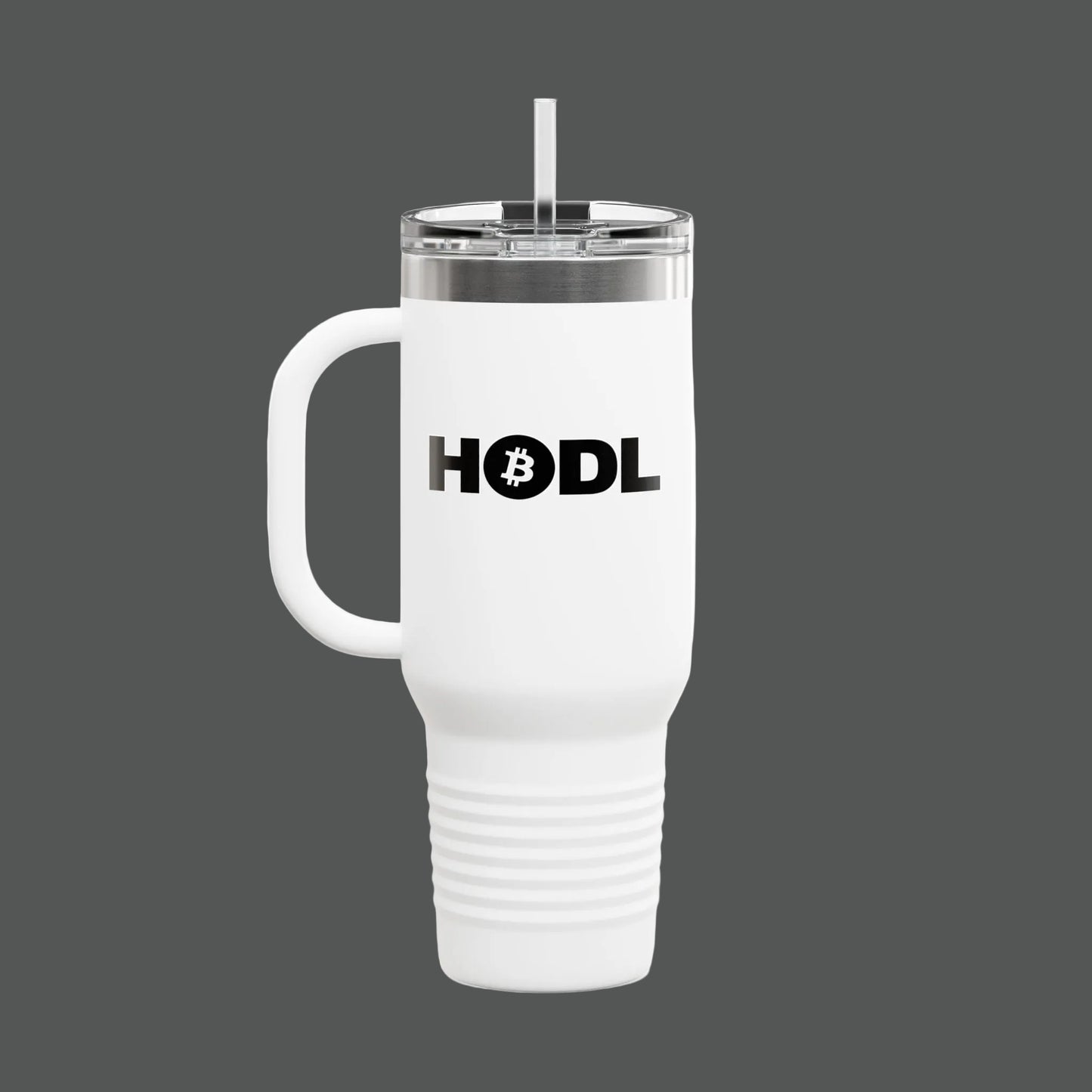 White travel mug with 'HODL' and Bitcoin logo on a white background