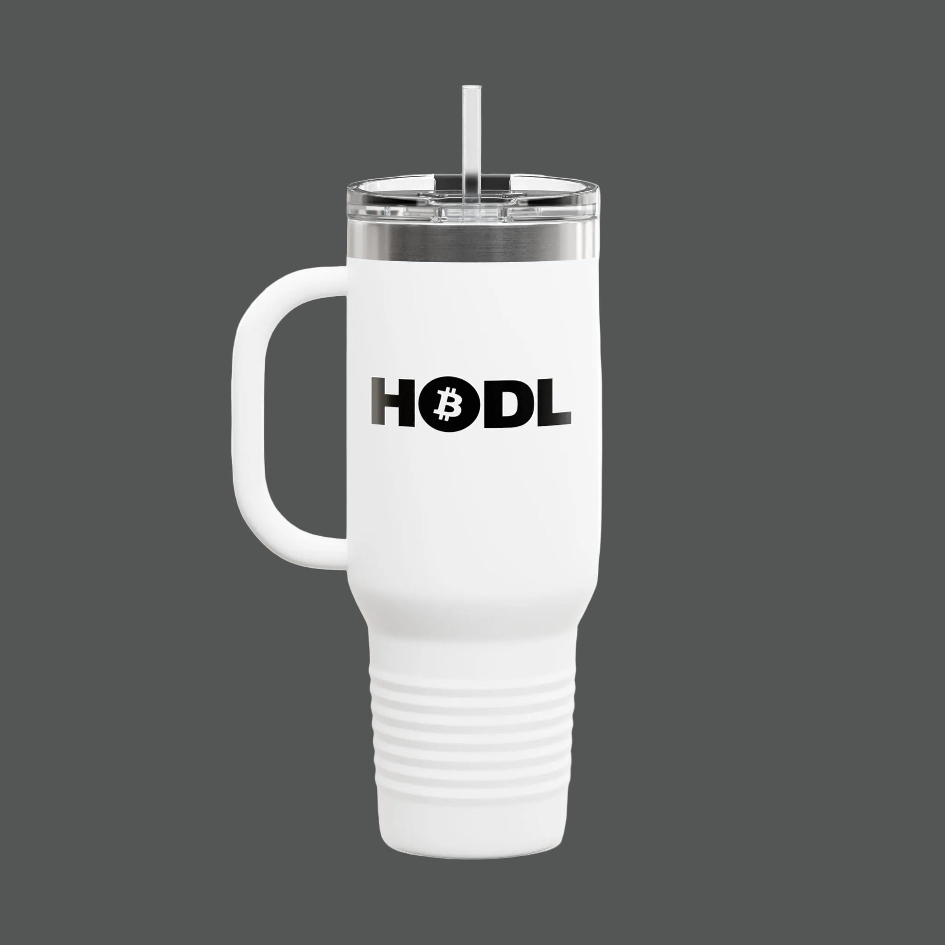White travel mug with 'HODL' and Bitcoin logo on a white background
