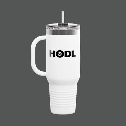 White travel mug with 'HODL' and Bitcoin logo on a white background