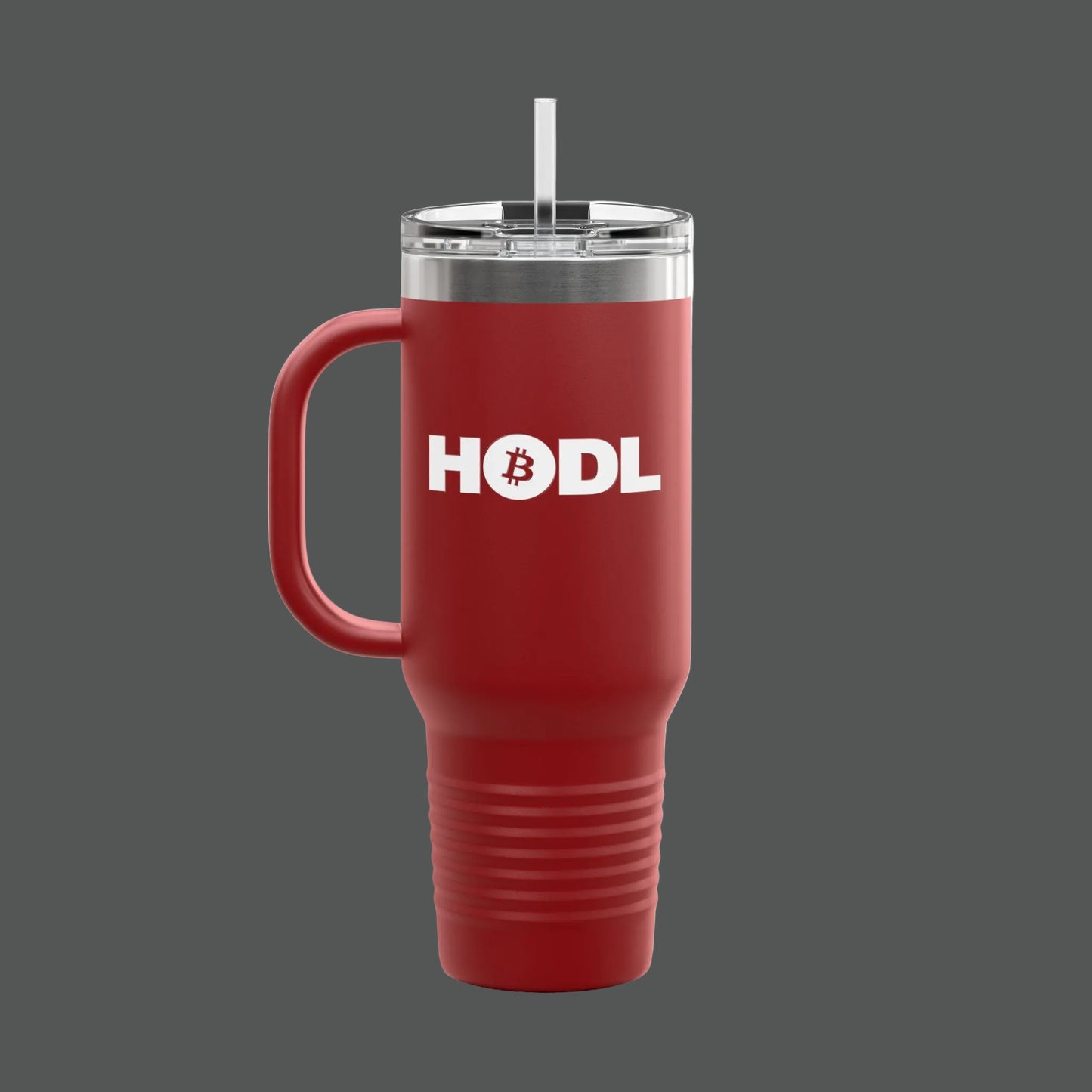 Red travel mug with 'I'm Just a Girl' text on a white background