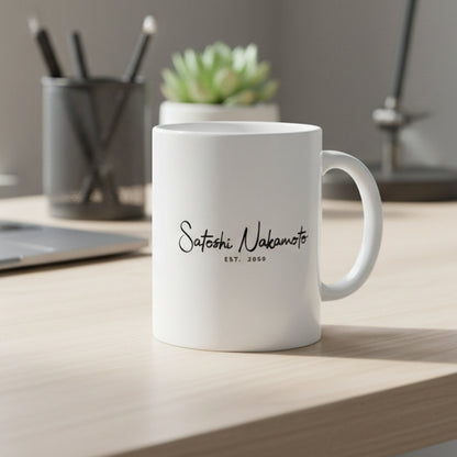 White mug with 'Satoshi Nakamoto EST. 2009' text on a white background