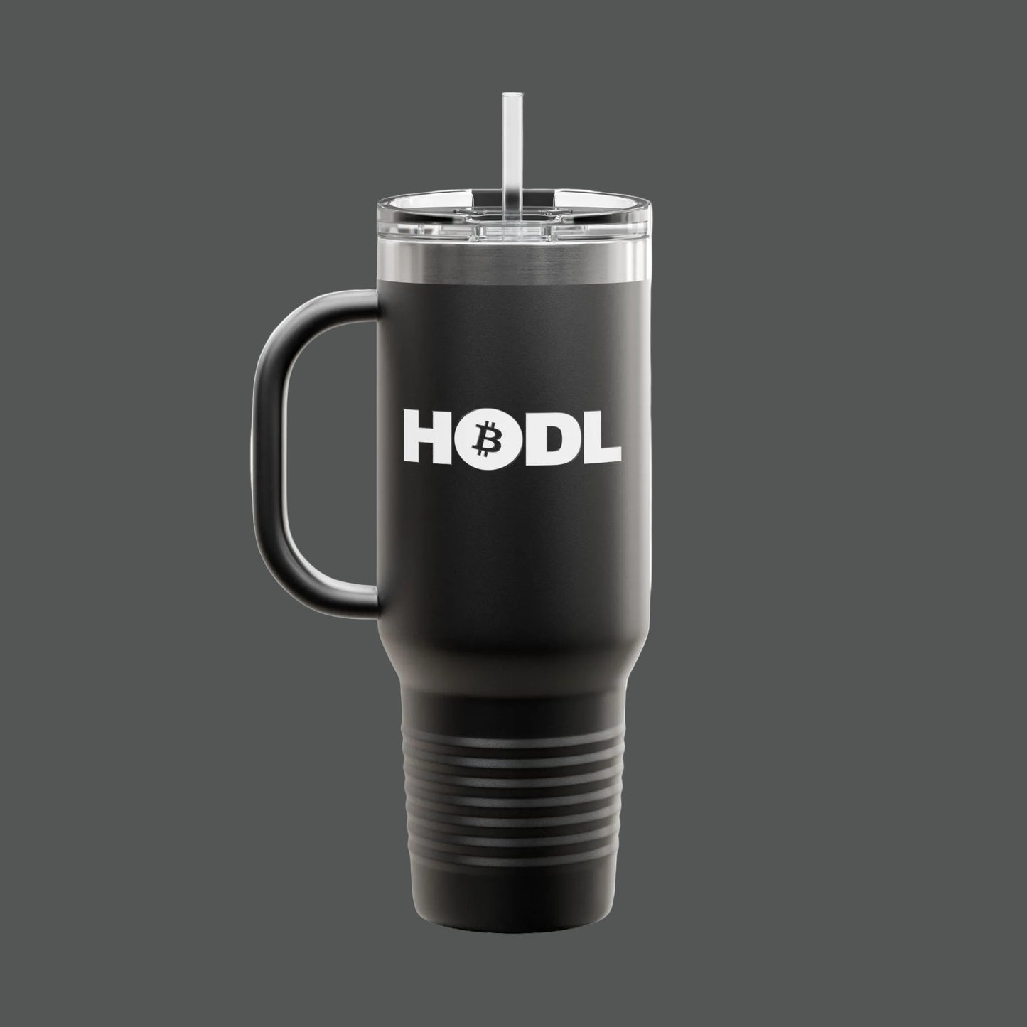 Navy blue travel mug with white text on a white background