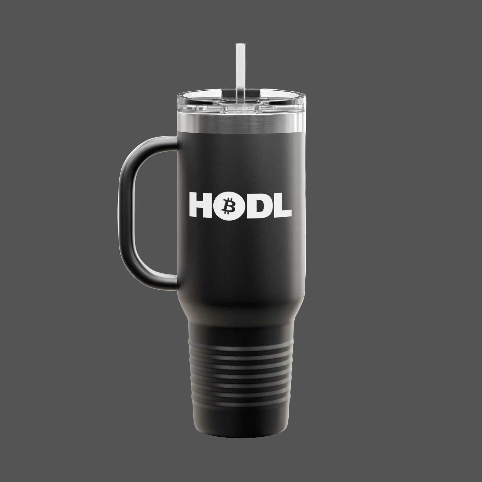 Navy blue travel mug with white text on a white background