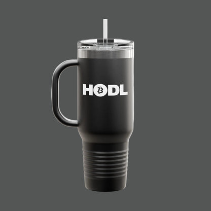 Navy blue travel mug with white text on a white background