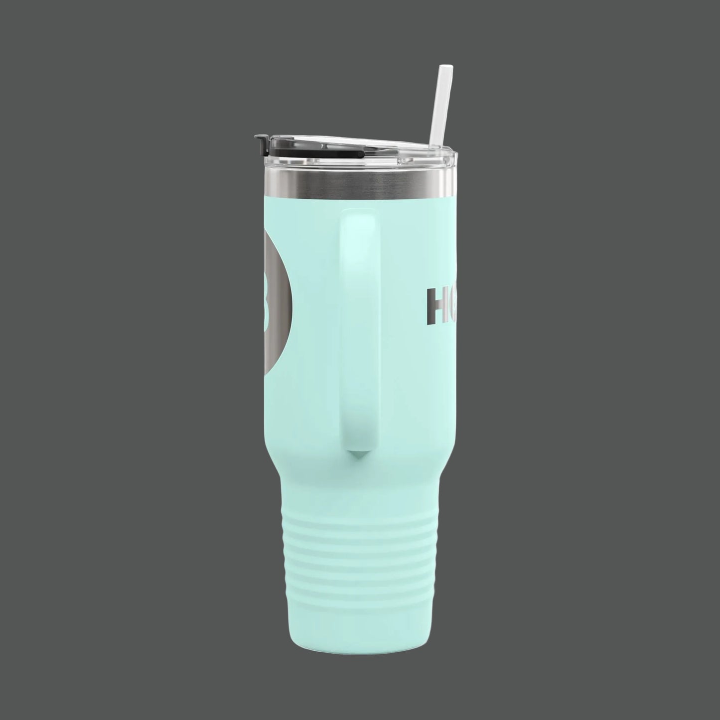 Light blue tumbler with a straw on a white background