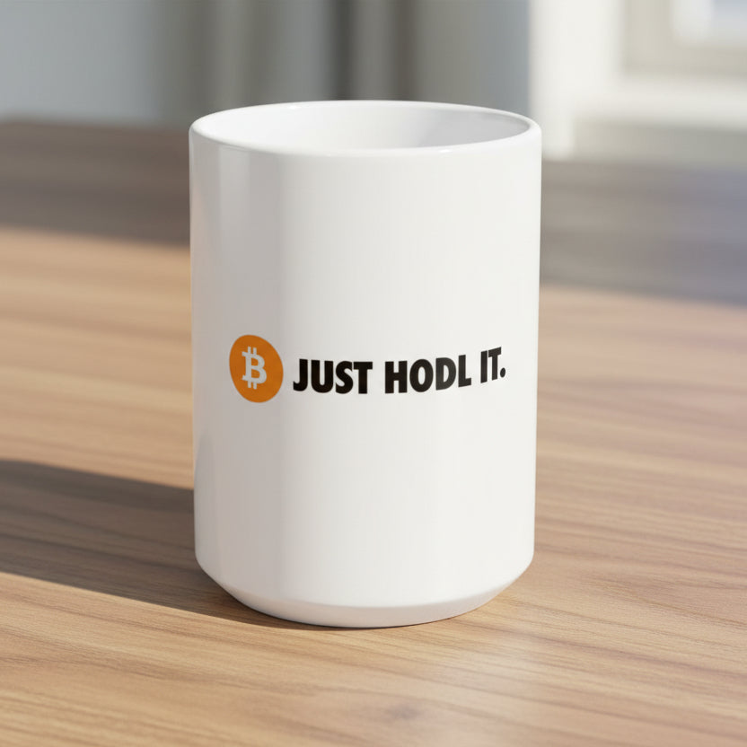 White mug with Bitcoin logo and 'JUST HODL IT.' text on a white background