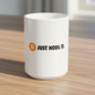 White mug with Bitcoin logo and 'JUST HODL IT.' text on a white background
