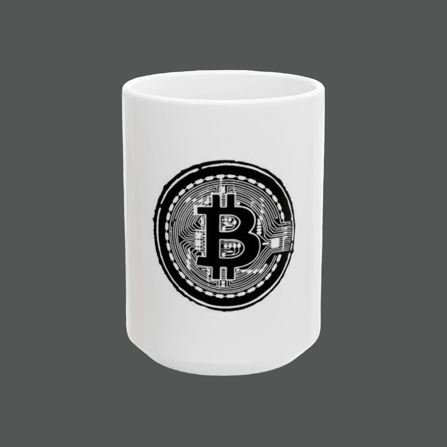 White mug with Bitcoin symbol design on a white background