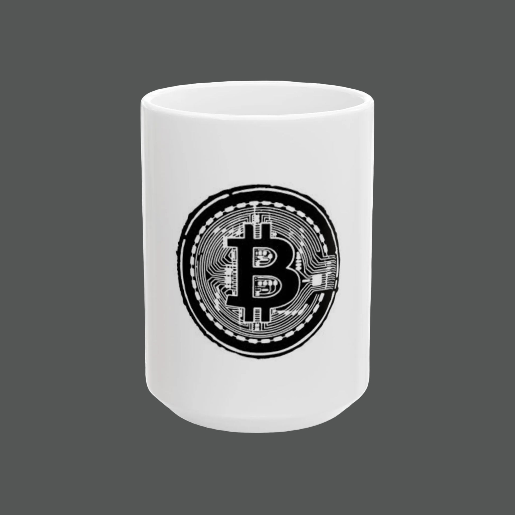 White mug with Bitcoin symbol design on a white background