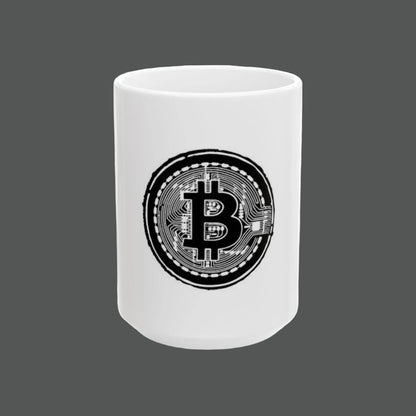White mug with Bitcoin symbol design on a white background
