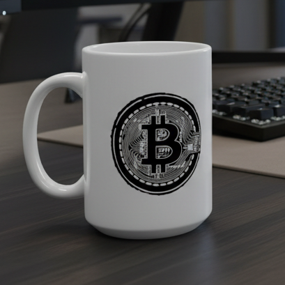 Trading desk with multiple monitors displaying financial charts, a mug with a Bitcoin logo, and a keyboard.
