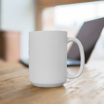 White mug on a wooden surface with a blurred background