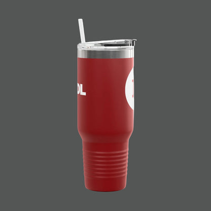 Red tumbler with a straw on a white background