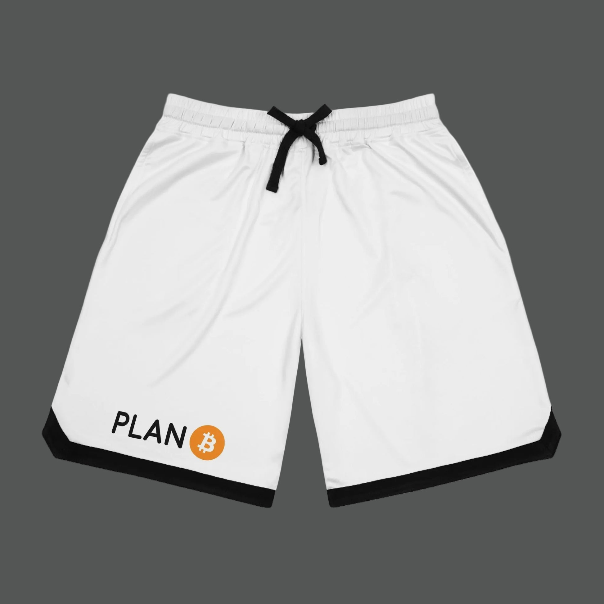 White shorts with black trim and 'PLAN' logo on a white background