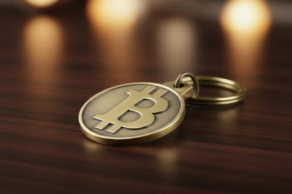 Bronze Bitcoin keychain on a wooden surface with blurred background