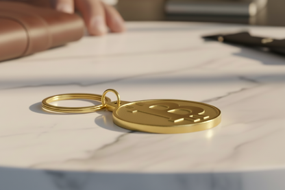 Gold keychain with a circular pendant on a marble surface