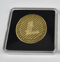 Gold coin with a unique design on a black background