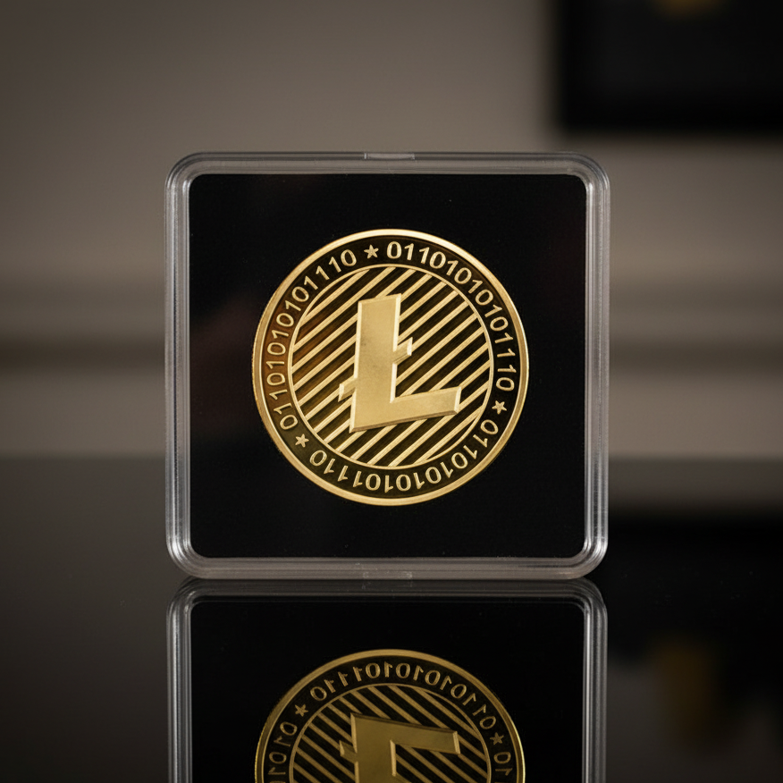 Gold cryptocurrency coin with Litecoin (LTC) symbol in a clear case on a reflective surface