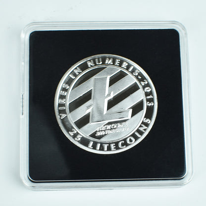 Silver litecoin coin in a clear case on a light gray background