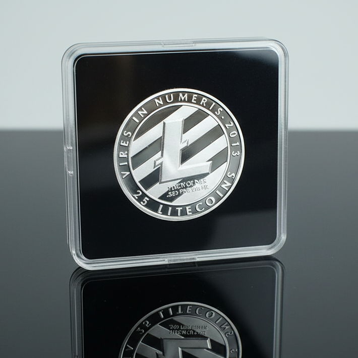 Silver litecoin coin in a clear protective case on a reflective surface
