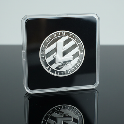 Silver litecoin coin in a clear protective case on a reflective surface