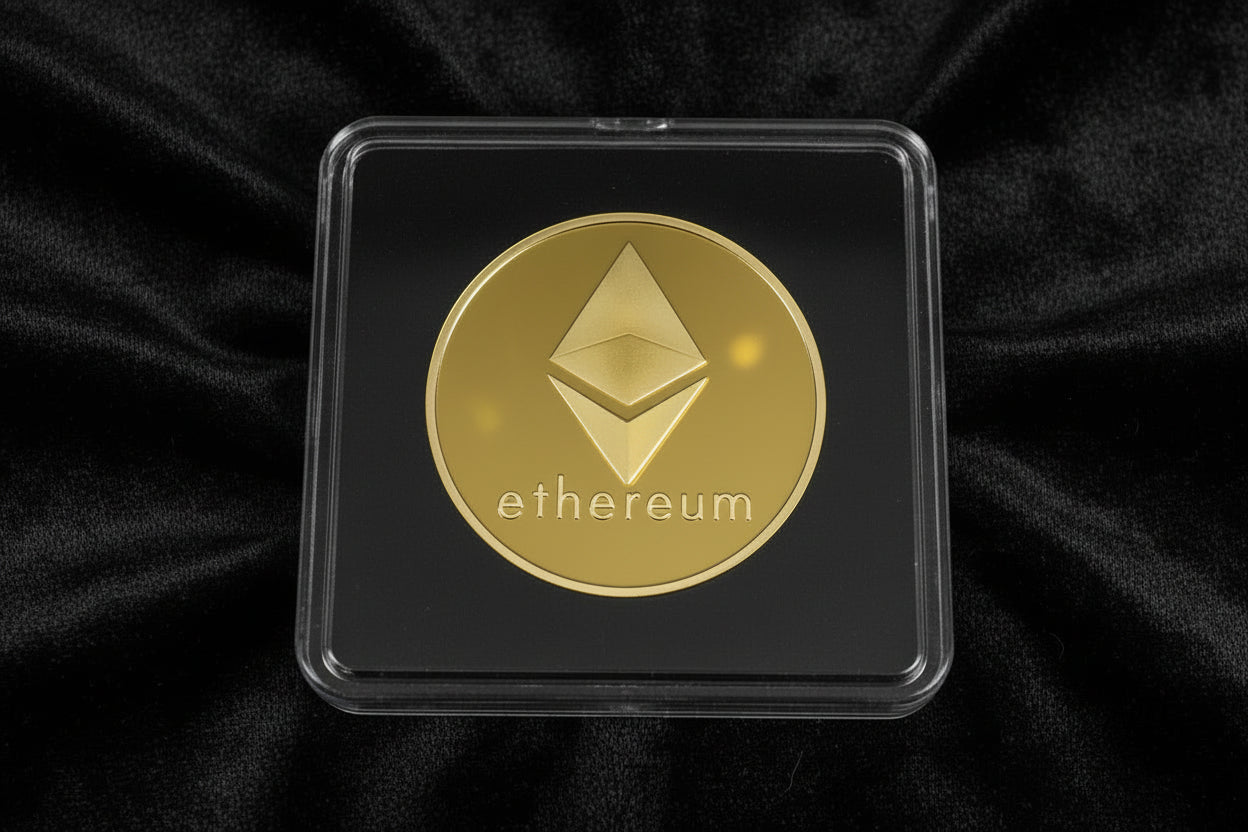 Gold Ethereum coin in a clear case on a black background