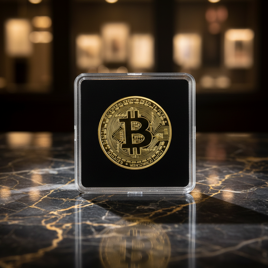Gold Bitcoin coin in a clear case on a marble surface with blurred lights in the background