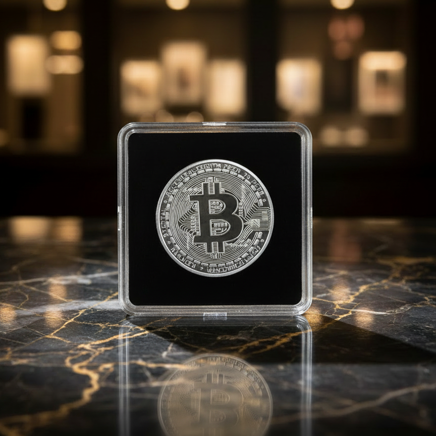Silver Bitcoin coin in a clear case on a reflective surface with blurred lights in the background