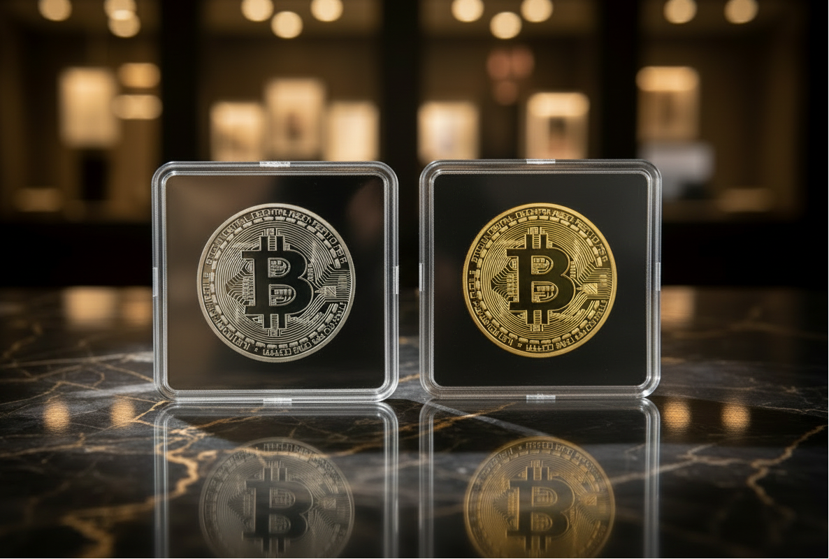 Two Bitcoin coins in clear cases on a reflective surface with blurred lights in the background