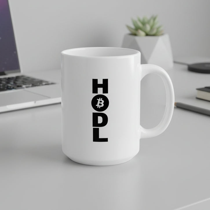 White mug with 'HODL' and Bitcoin symbol on a white background