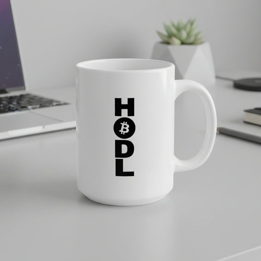 White mug with 'HODL' and Bitcoin symbol on a white background