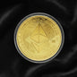 Gold and silver crypto branded coin with a geometric design on a textured surface