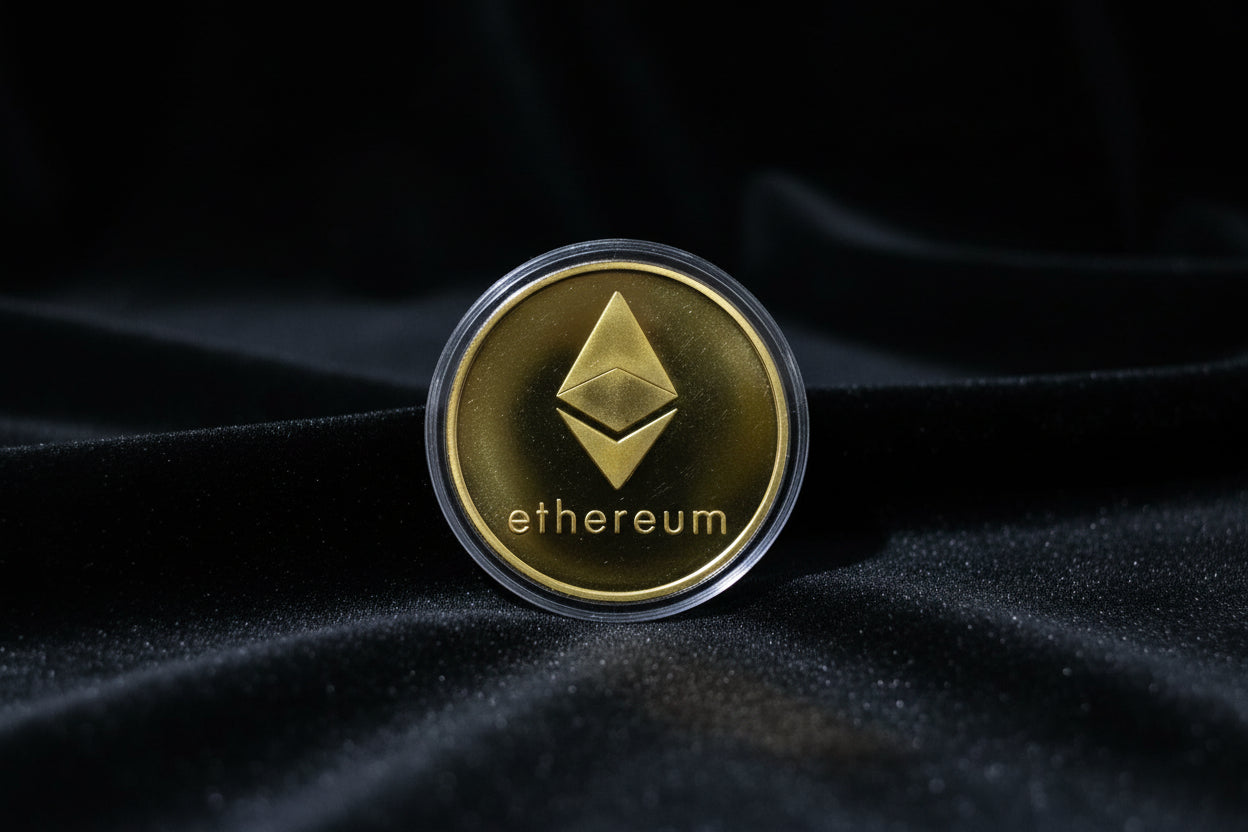 Gold Ethereum coin in a clear holder against a textured background