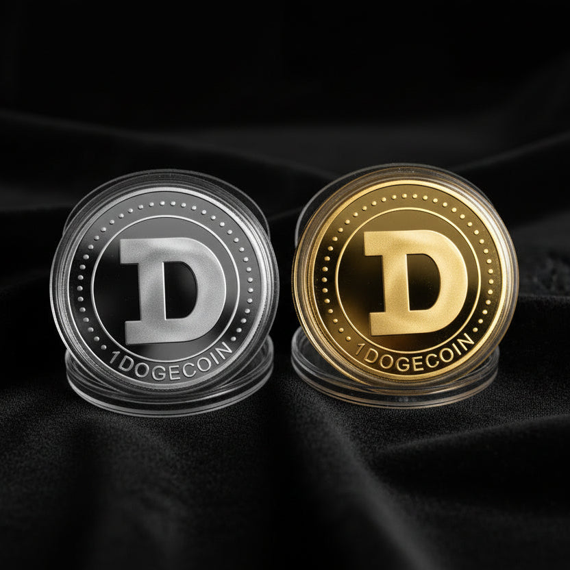 Two Dogecoin coins, one silver and one gold, on a black fabric background.