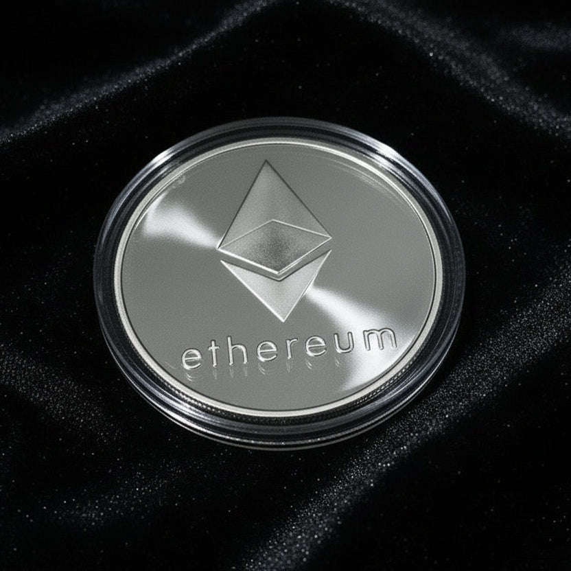 Silver Ethereum coin on a black background