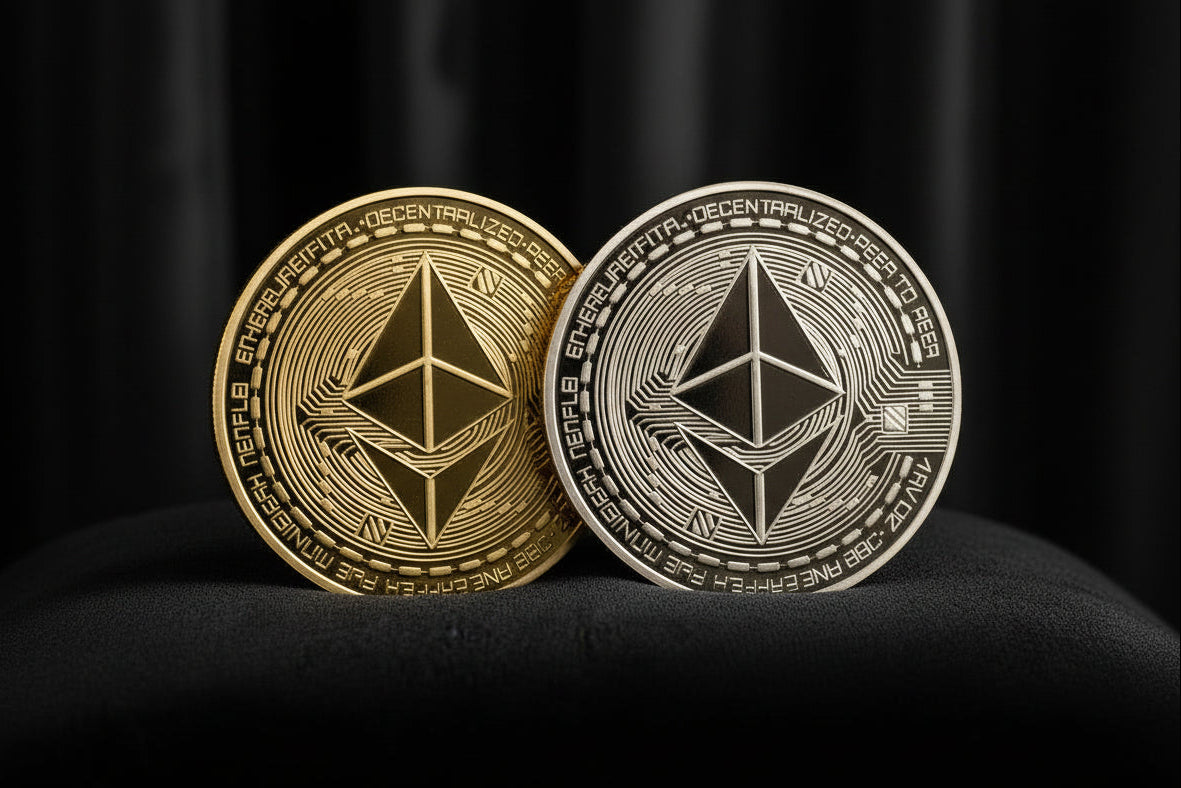 Gold coin with a unique design on a textured black