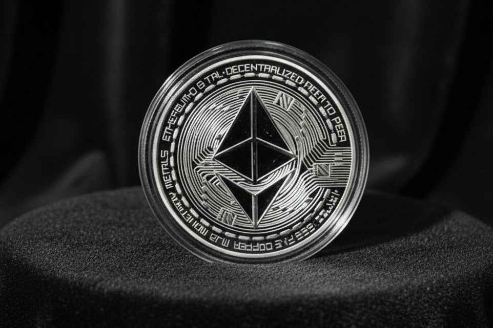 Hand holding a metallic coin with a geometric design on a textured surface